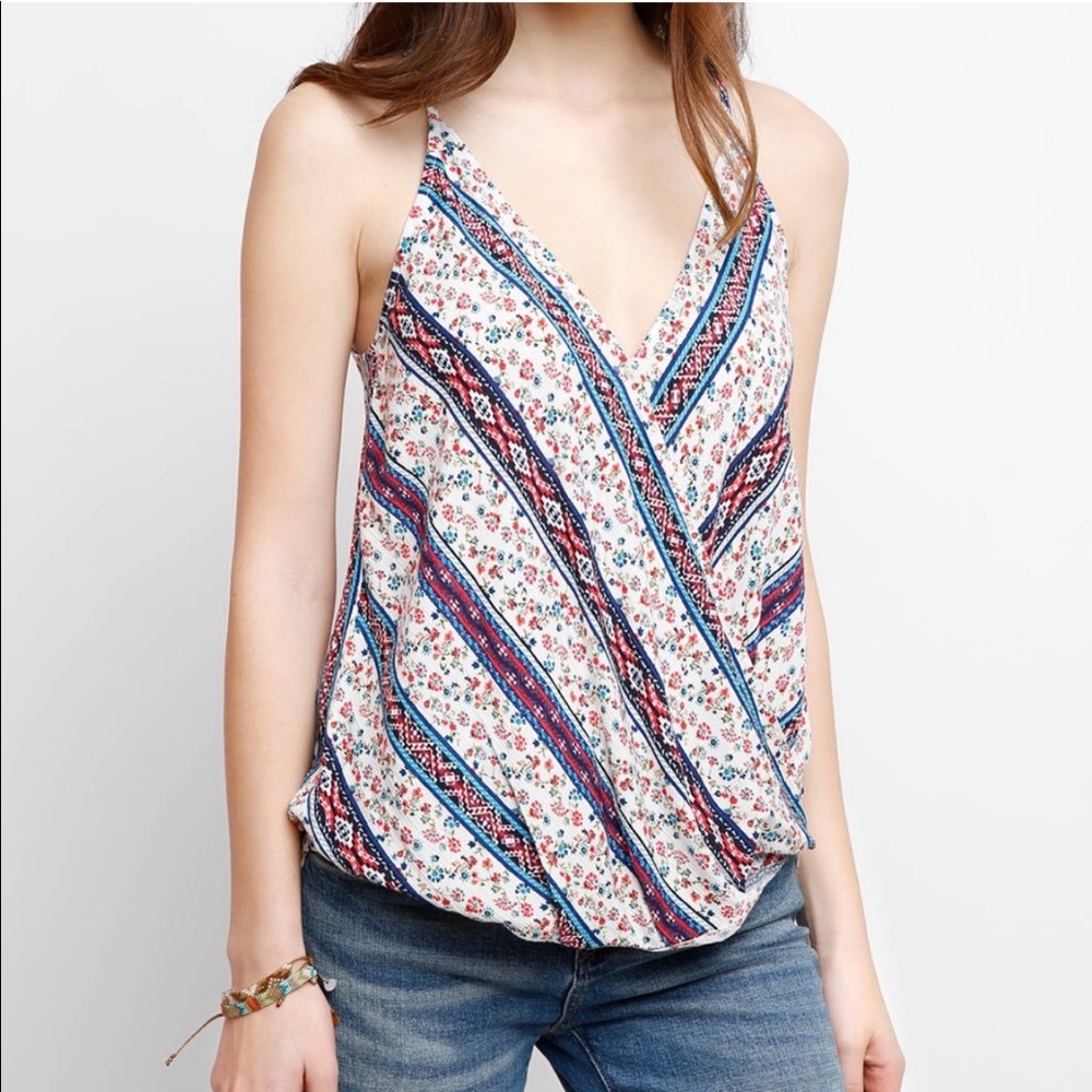 Staccato Boho Print Blue Floral Surplice Wrap Cami Top Sleeveless Blouse Small